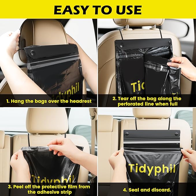 150 PCS Disposable Car Trash Bags Hanging, Leak-proof, Odor Seal. 2 Gallon Car Garbage Bags, Big Capacity. Independent of Car Trash Can, Easy Stick-On Car trash Bin for Car, SUV, Truck, Stroller.Black