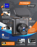 Sarmert C1 5K Dash Cam Front - Built-in GPS and 5G WiFi, Sony STARVIS Sensor, HDR Night Vision Car Camera, 5K/4K/2.5K UHD Das