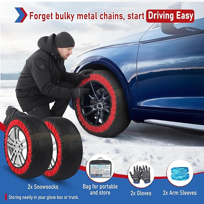 Automotive Snow Socks for Tire Red XL Textile Snow Chains Fabric Car Chains, 2 Pairs of Gloves, Winter Accessories SUV Trucks