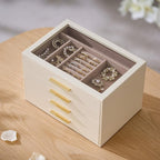 pickpiff Jewelry Box Organizer Case for Women: 4-Layer Jewelry Storage Case with Glass Window, Ivory Leather with Pink Velvet