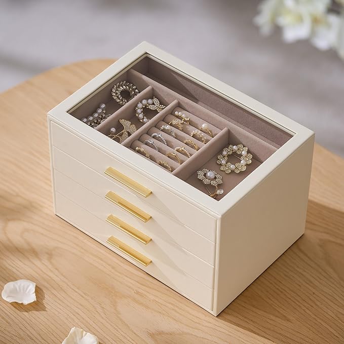 pickpiff Jewelry Box Organizer Case for Women: 4-Layer Jewelry Storage Case with Glass Window, Ivory Leather with Pink Velvet