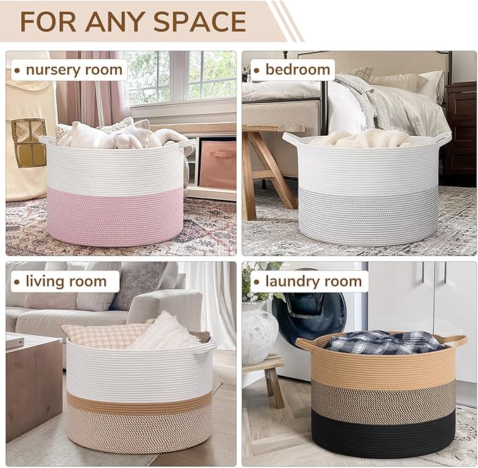 INDRESSME 115L Extra Large Cotton Rope Basket, Woven Baby laundry Blanket Basket for Home Decor Living Room Nursery, Toy Stor