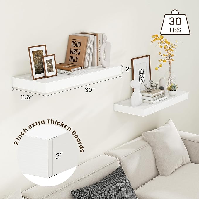 30 Inch Floating Shelves | 12 Inch Deep White Floating Shelves Set of 2 | 30" W x 12" D Rustic Wood Shelves for Wall | Deep W