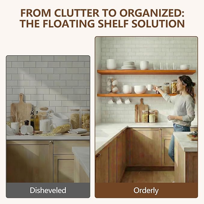 IEO Long Wooden Floating Shelves for Room Wall, Natural Wood Floating Shelves Wall Mounted Kitchen Shelf for Living Room, Bed