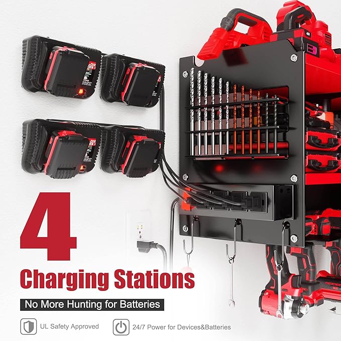 Spampur Heavy Duty Power Tool Organizer Wall Mount with Charging Station – 420 lb Capacity 3-Tier Storage Rack Holds 6 Drills