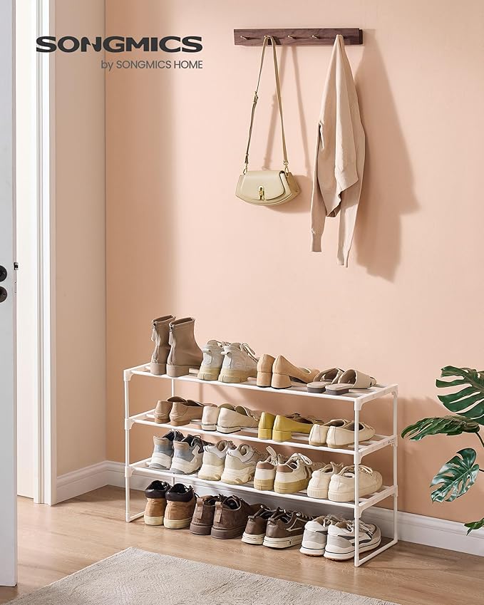 SONGMICS Shoe Rack, 3-Tier Shoe Organizer, Metal Storage Shelf, Upright or Upside Down, for 16-20 Pairs, Stackable, for Entry