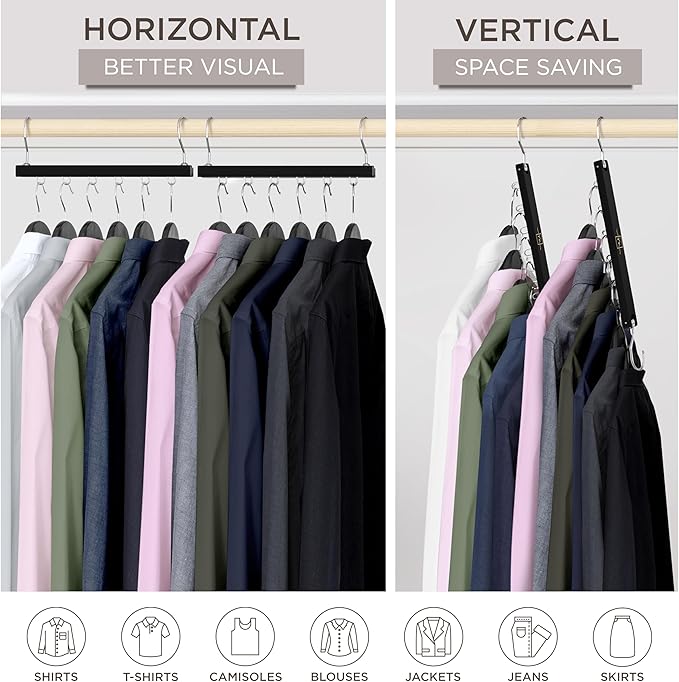 MORALVE Space Saving Hangers for Closet – 4 Pack European Beechwood 6-Tier Shirt Organizer with 360° Swivel Hook – Collapsibl