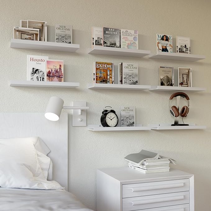 RICHER HOUSE 8 Set Floating Wall Mounted Shelves, Nursery Hanging Book Shelves with Lip for Storage, White Display Picture Le