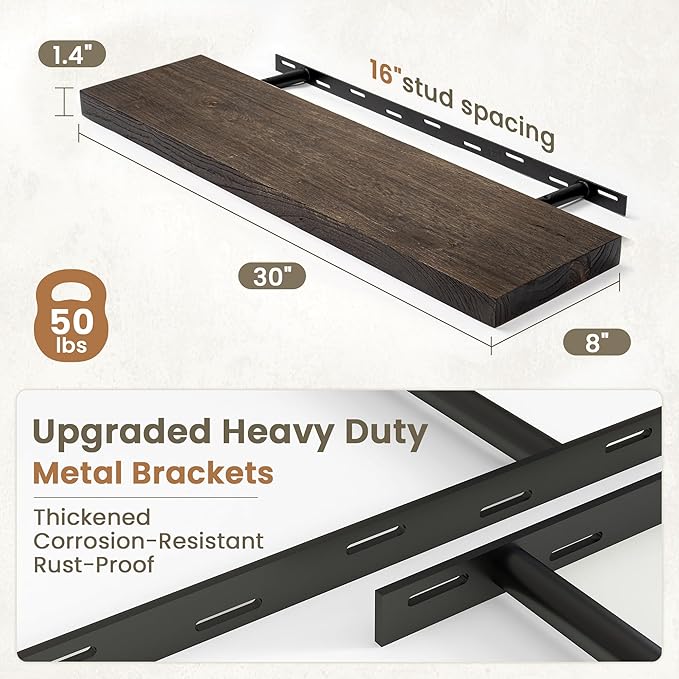 Fun Memories Solid Elm Wood Floating Shelves Set of 2-30 Inch Rustic Wall Shelves with Heavy-Duty Invisible Brackets - for Li