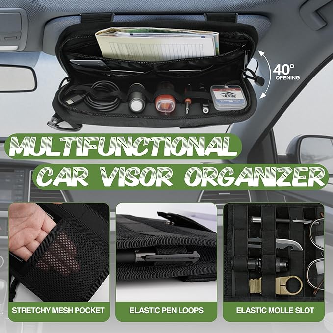 Car Sun Visor Organizer, Semi-Rigid Molle Panel Tactical Car Accessories with Zipper Storage Pouch, Sunglass Holder for Car Visor Organizer, Universal Fit for Trucks, SUVs, Jeeps & Police Gear, Black