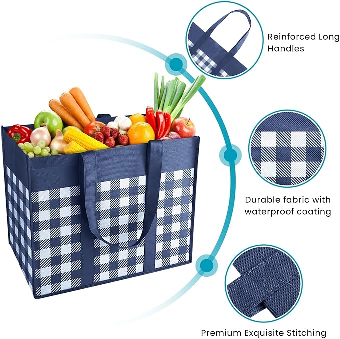 WOWBOX Reusable Grocery Bags,4-Pack, Foldable Reusable Shopping Tote Bags bulk with Reinforced Handles,Large Storage Bags with Water Resistant Coating for Groceries,Multipurpose,Blue-White