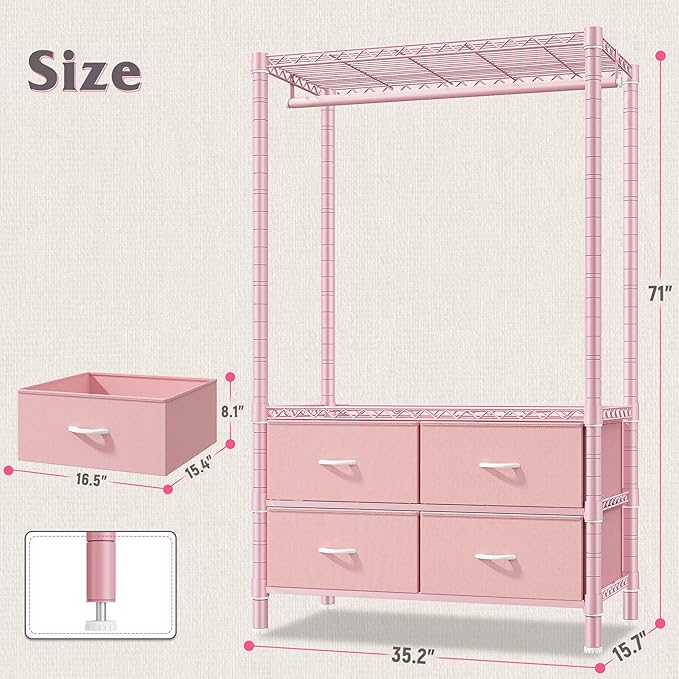 Raybee Clothes Rack, Clothing Rack for Hanging Clothes with 4 Drawers Load 420LBS Heavy Duty Garment Rack with Drawers, Pink