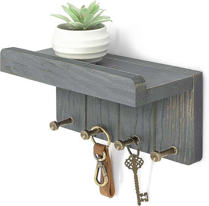 Rebee Vision Pine Wood Key Holder Wall Mount - Mini Key Holder for Wall with 4 Hooks & Floating Shelf for Home Storage - Livi