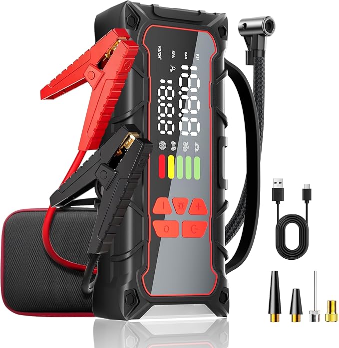 5000A Car Battery Jump Starter with Air Compressor 160PSI, Jumper Starter Portable for 7.0L Gas/6.0L Diesel, Jump Box for Car Battery with Tire Inflator & Power Bank& Jumper Cables, Emergency Kit