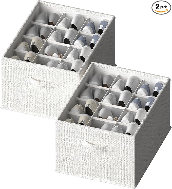 FHSQX 2 Pack Shoe Organizer for Closet,Foldable Shoe Organizer,Fits up to 24 Pairs,Storage Containers With Bottom Support for