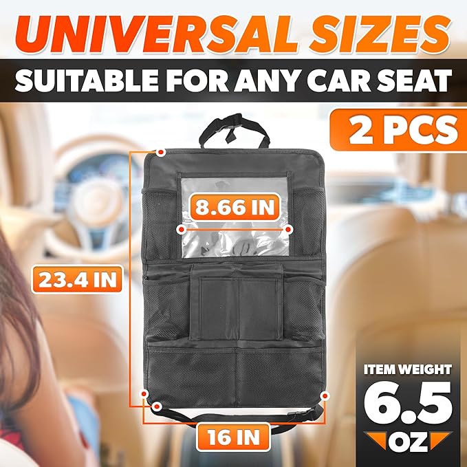 2 Pcs Backseat Car Organizer - Universal 23.4x16" Back Seat Car Organizer with 9 Large Pockets & Clear Tablet Holder, Made of Reliable Polyester with Long and Strong Straps - Easy to Attach & Clean