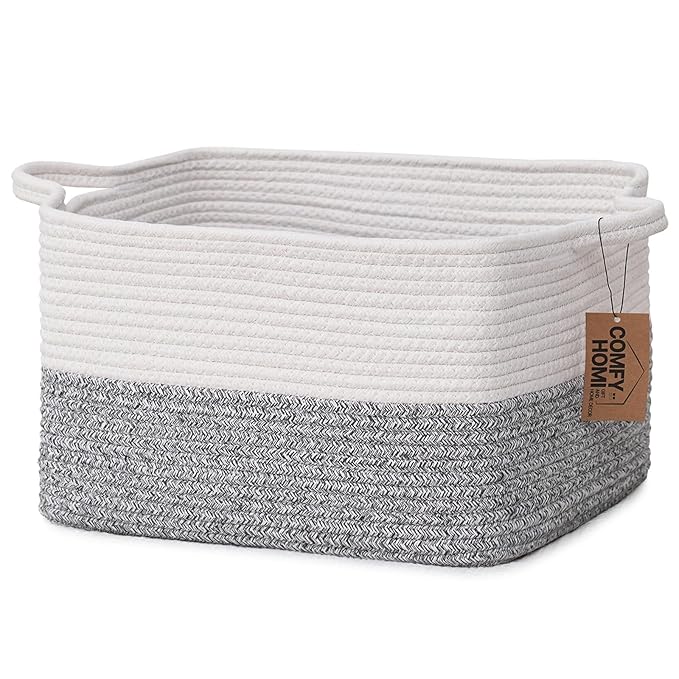 COMFY-HOMI Cotton Rope Woven Basket with Handles for Shelves,Toys,Book, Cloth Storage Baskets Bin for Organizing-13.5"x11"x9.
