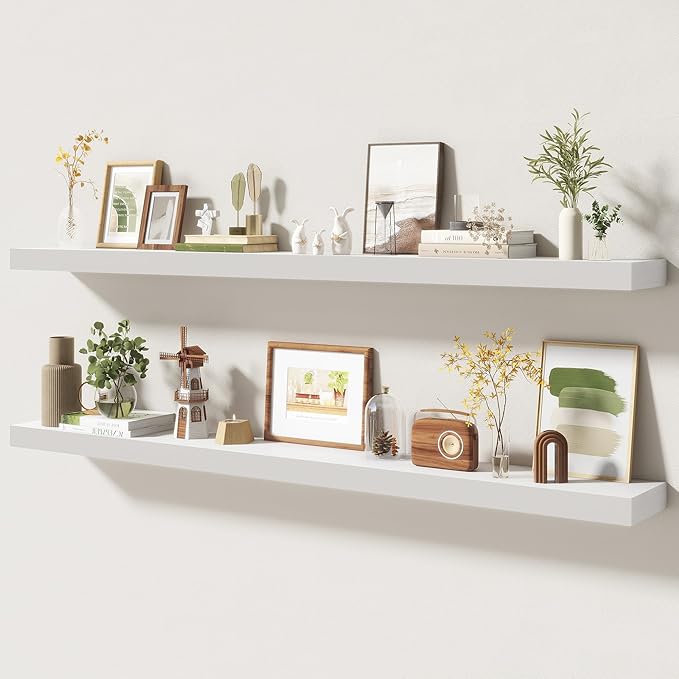 55 Inch Floating Shelves | 6.5 Inch Deep White Floating Shelves Set of 2 | 55" W x 6.5" D Rustic White Wood Wall Shelves with