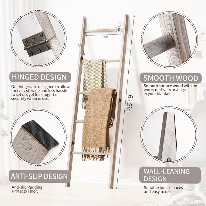 XLHOMO Blanket Ladder for Living Room, 5-Tier Wooden Ladder Shelf, Rustic Decorative Blanket Rack for Blankets, Quilts, Farmh