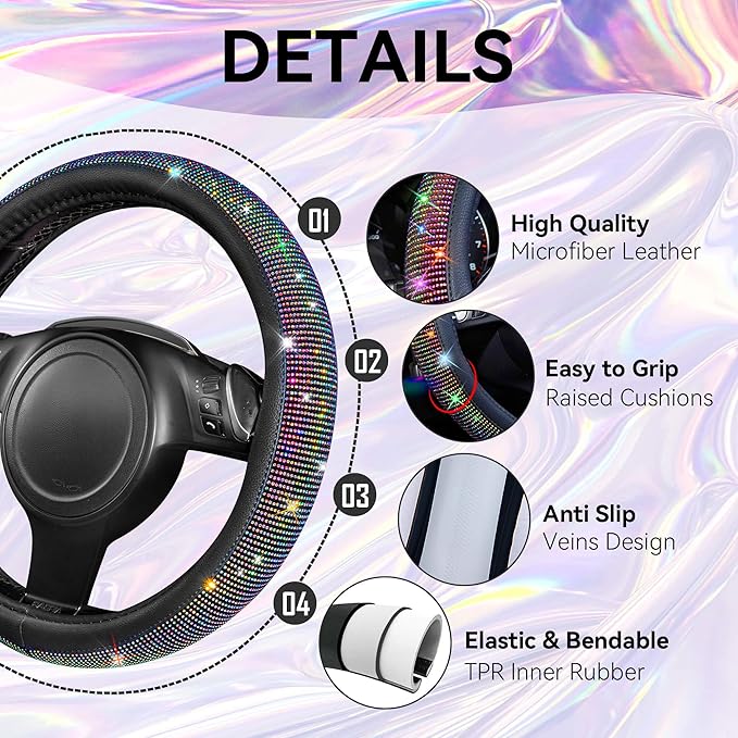 CAR PASS Bling Diamond Leather Steering Wheel Cover 14.5in-15in Floor Mats Shining Rhinestone Carpet Sparkly Glitter Crystal Anti-Slip Pad Fit Automotive SUV Pickup Truck Girl Women, 5pcs Multicolor