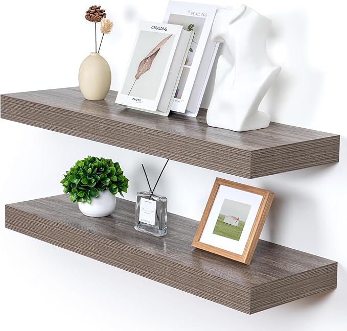 Deep Floating Shelves | 36 Inch Grey Floating Shelves Set of 2 | 12 Inch Deep Rustic Wood Shelves for Wall | 36" W x 12" D Gr