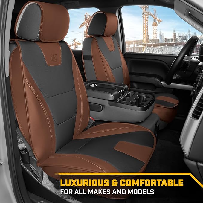 Cat® Edge Deluxe Faux Leather Car Seat Covers – Full Set (2 Front + 1 Rear Bench) – Semi-Custom Universal Fit, Two-Tone Black