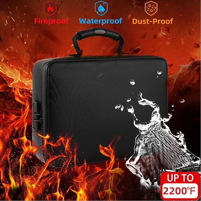 Fireproof Document Box File Organizer with Lock, Fireproof Document Bag Waterproof Fire Proof File Boxes Travel Important Doc
