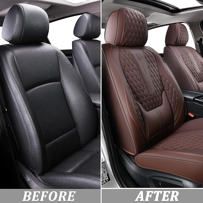 Coverado Car Seat Covers Full Set, 5 Seat Leather Seat Covers for Cars, Car Seat Protector with Lumbar Support, Waterproof Se