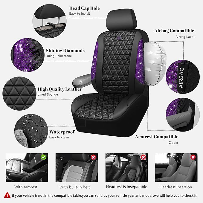 CAR PASS Bling Diamond Leather Car Seat Covers Full Seats Interior Sets, Waterproof Shining Glitter Sparkly Crystal Universal