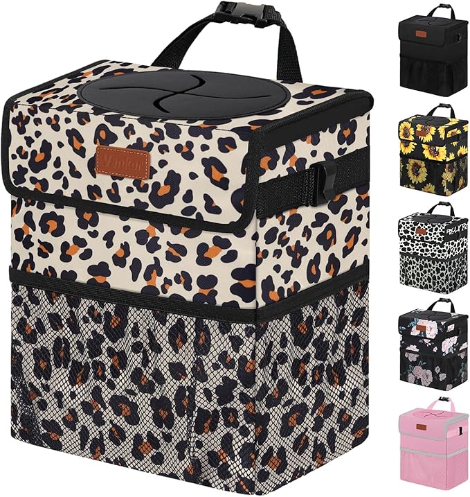 3 Gallons Cute Car Trash Can, Car Accessories for Interior Leak Proof Can Trash Bag Hanging Waterproof Automotive Vehicle Garbage Cans Leopard Print Pattern