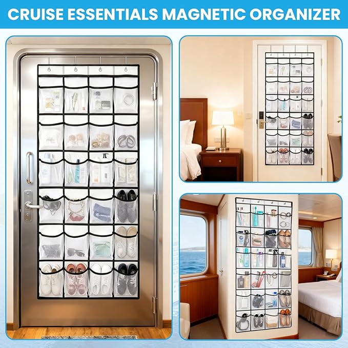 Cruise Essentials 2026 Over The Door Organizer For Cruise Ship 24 Pocket Magnetic Door Organizers with 4 Metal Hooks and 4 St
