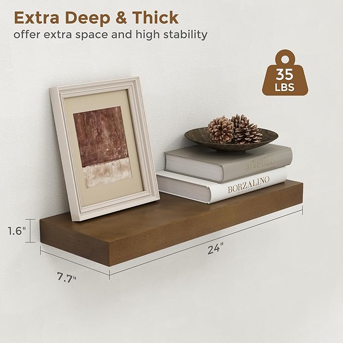 Marsmiles 24 Inch Wood Floating Shelves | Rustic Dark Wood Wall Shelves Set of 2 | 24" W x 7.7" D x 1.6" H Wooden Shelves for