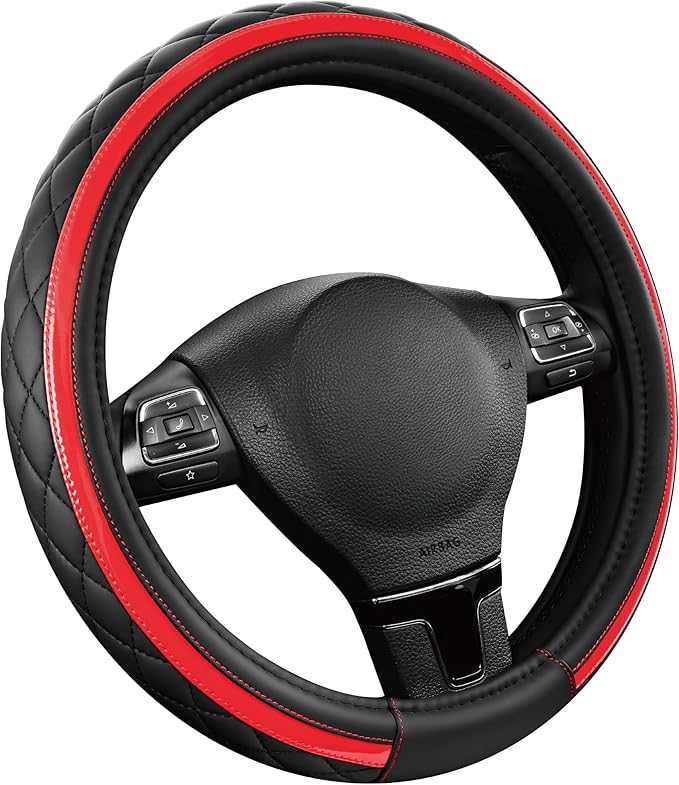 Road Comforts Leather Steering Wheel Cover – Black & Red Universal Fit 14.5-15 Inch, Microfiber Leather, Anti-Slip & Breathab