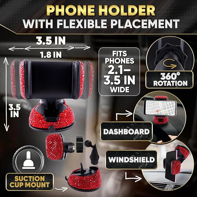 Red Bling Car Accessories Set, 27 Pieces Car Interior Set Including Steering Wheel Cover, Diamond License Plate Frame, Phone Holder, Coasters, Hooks, Great Gift for Women Drivers