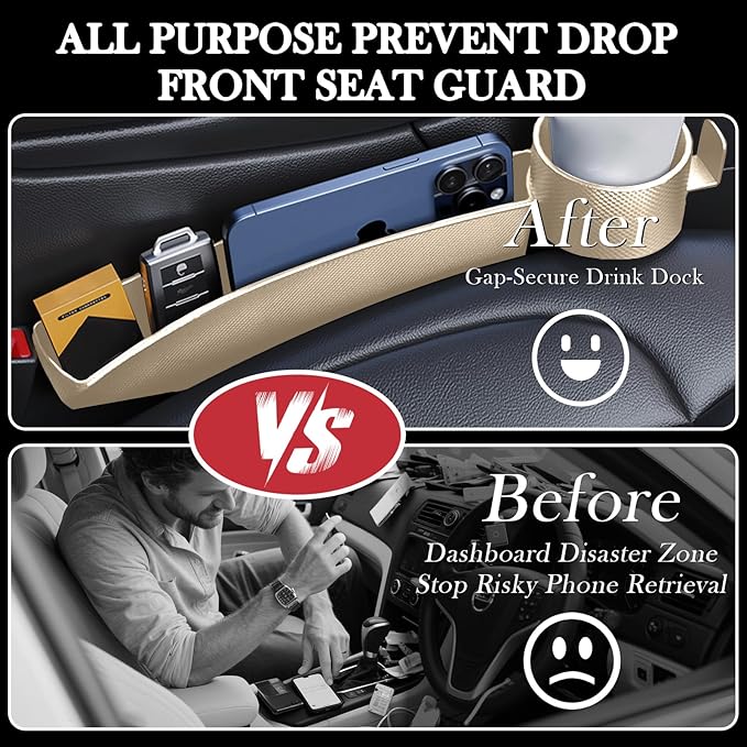 Car Seat Gap Filler Set of 2, Upgraded Car Side Seat Gap Fillers with Organizer, Cup Holder & Hook Function, Inserts Between Front Seats Console Catcher 4in1 Gap Stopper Fill Plug Storage Box (Beige)