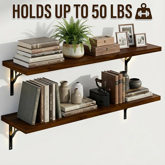 48Inch Solid Pine Wood Floating Shelves Set of 3, Walnut Wood Wall-Mounted Storage Shelves with Heavy-Duty Metal Brackets | D