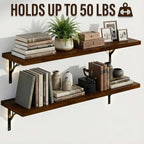 48Inch Solid Pine Wood Floating Shelves Set of 2, Walnut Wood Wall-Mounted Storage Shelves with Heavy-Duty Metal Brackets | D