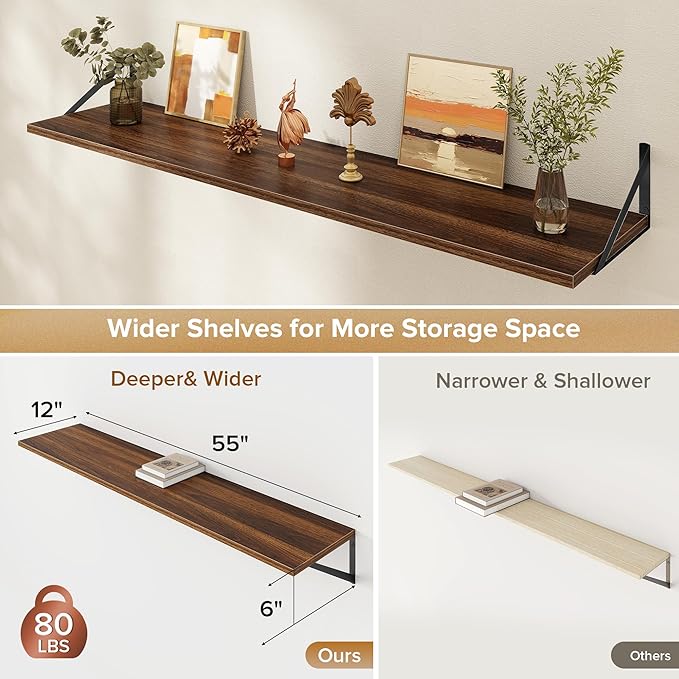 Deep Floating Shelves Wall Mounted, 55"x12" Walnut Wall Shelves with Brackets Set of 2 for Bedroom, Living Room, Bathroom, Ki
