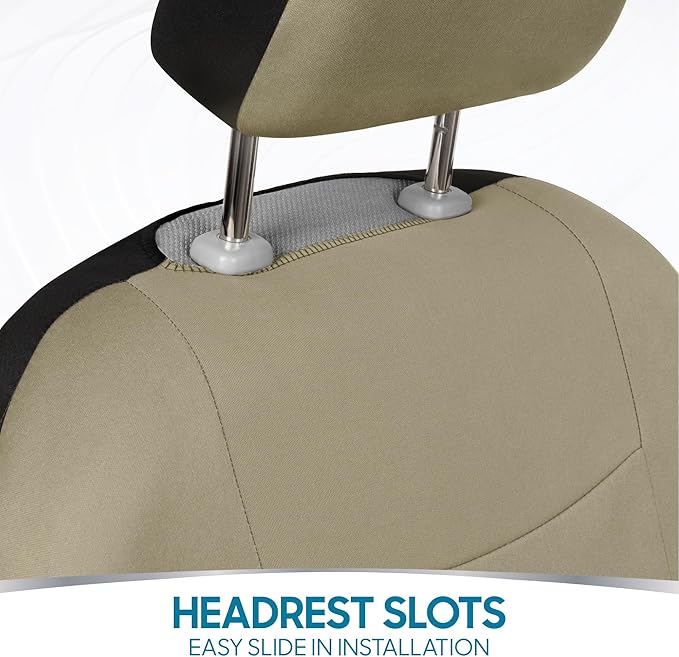 BDK OS-309-AB Tan Trim Black Car Seat Covers Full 9 Piece Set, Sleek & Stylish, Split Option Bench 5 Headrests Front & Rear B