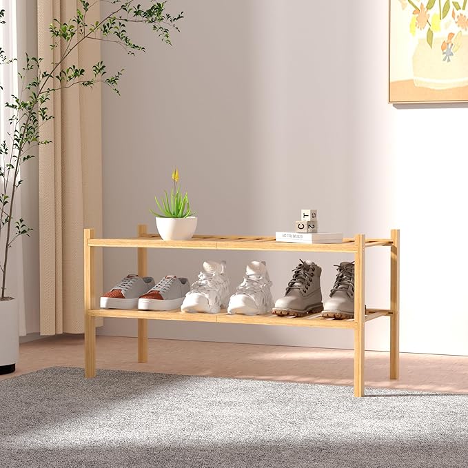 ROMGUAR CRAFT 2 Tier Bamboo Shoe Rack for Closet Free Standing Wood Shoe Shelf for Entryway Small Space Stackable 27"x11"x13"