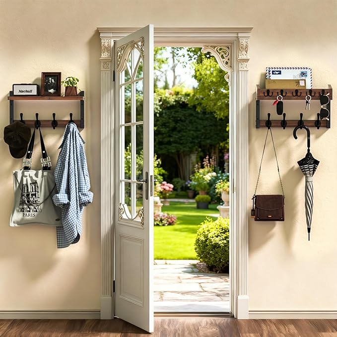 35'' Long Rustic Coat Rack Wall Mount with Shelf, Solid Wood Coat and Key Hanger with 13 Metal Hooks, Farmhouse Wall Organize
