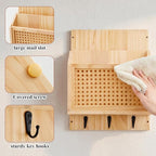 Rattan Mail and Key Holder Wall Mounted, Wood Magazine Mail Sorter Rack Wall Organizer with 2 Slots 3 Hooks for Coat, Dog Lea