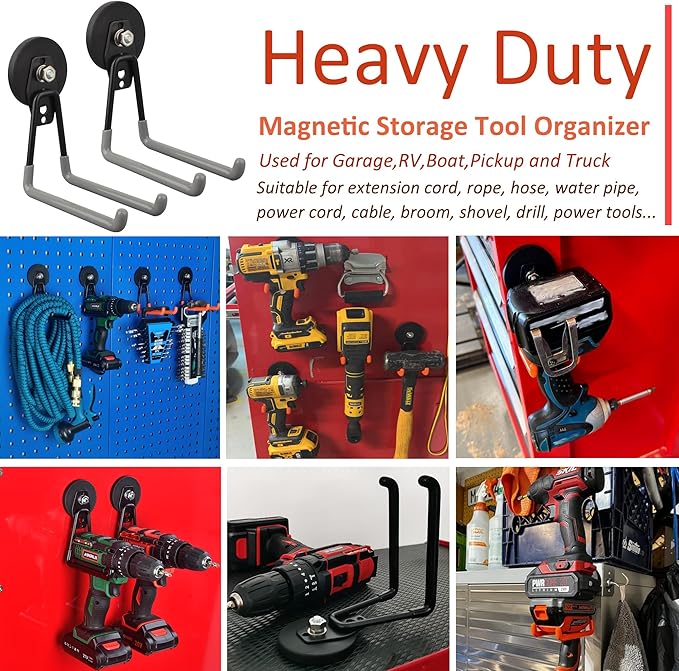 ULIBERMAGNET Magnetic Garage Hook, Cordless Drill Hooks Heavy Duty,Power Tool Organizer,Large Manget with Hooks for Workshop 