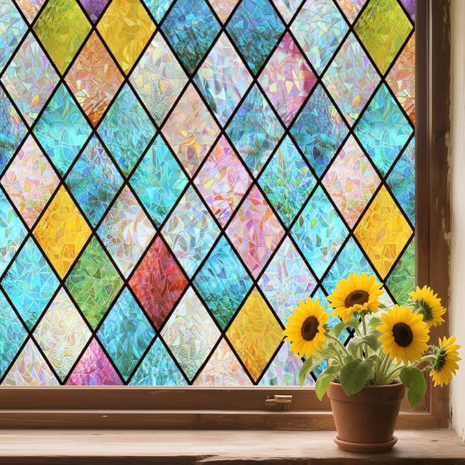 WPCTEV 3D Window Film No Glue Privacy for Glass Sticker Static Cling Heat Control Anti UV Non-Adhesive Decorative Rhombus 29.5 Inch x 6.5 Feet