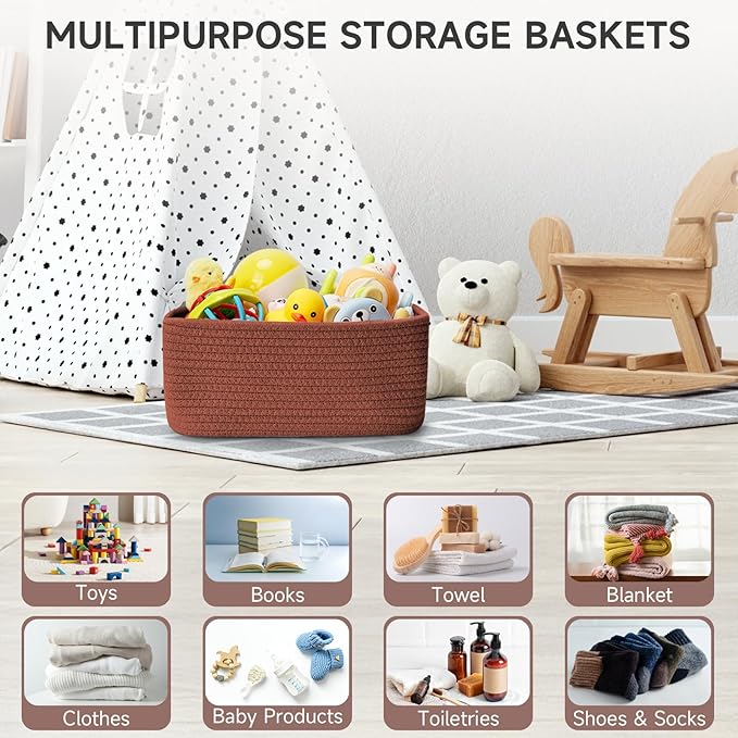 3-Pack Shelf Baskets for Organizing, Closet Organizer Bins, Small Woven Baskets, Rope Toy Basket, Storage Basket for Shelves,