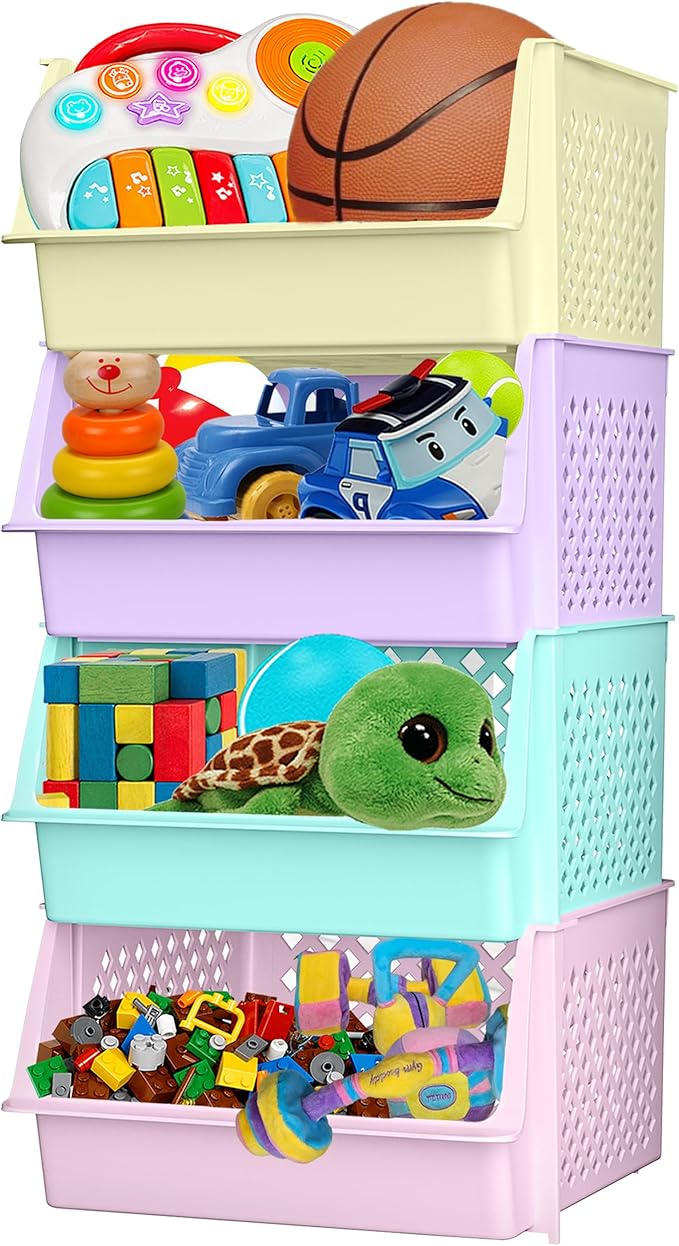 Skywin TidyFriend Large Stackable Storage Bins for Closet Organizers and Storage 4 Pack, Closet Organization for Kids Room an