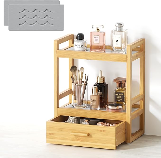 Bamboo Bathroom Countertop Organizer, 2 Tier Vanity Organizer with Drawer for Skincare & Makeup, Countertop Storage with Ston