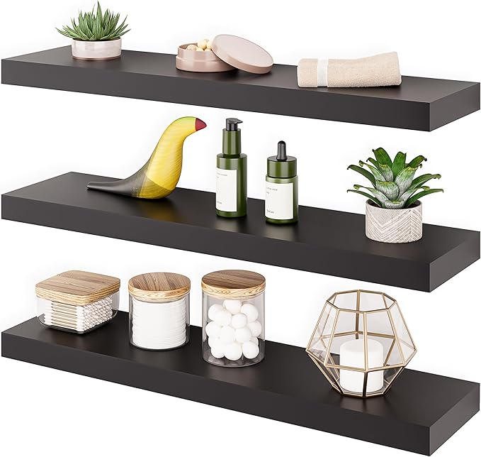 Ballucci Floating Shelves for Wall, 24" Wood Wall Mount Shelf Set of 3, Invisible Brackets Floating Shelf for Decor Living Ro