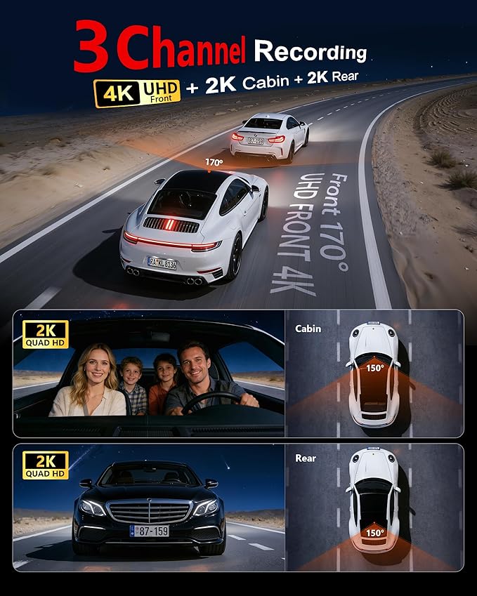 4K+2K+2K 3 Channel Dash Cam Front and Rear, 128GB Card Included, Dash Camera for Cars 5.8G/2.4G Dual Wifi, Built-in GPS, Nigh