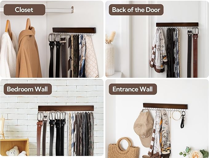 StorageWorks Tie Rack with 20 Hooks, 2-Pack Wall-Mounted Wooden Hangers for Neckties, Belts, Hats, Natural Walnut Color